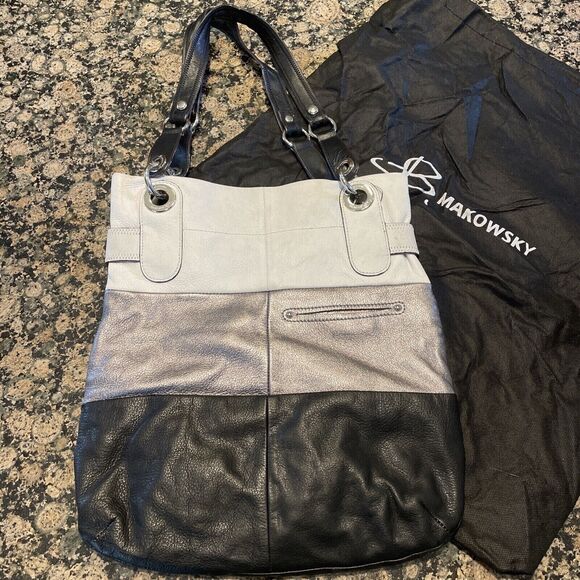 B. Makowsky Black White Silver‎ Large Leather Tote Hobo Handbag - Picture 2 of 9